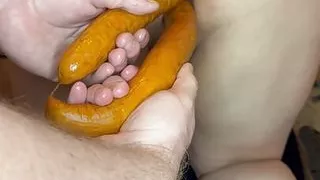 Part 2 shackled bent over watch my pussy get stretched in pain with huge dildos , sausages and an anal hook