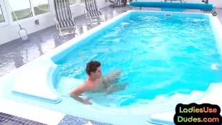 Pegging CFNM babes in heels fuck sissy in 3way with strapon