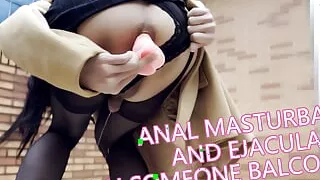 HA30Wearing sexy dress and black stockings to visit someone, anal masturbated and ejaculated on his balcony