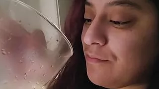 Latina piss in a glass and swallow