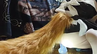 Crossdressing Dog Maid Riding Dildo with Big Fluffy Tail Cosplay