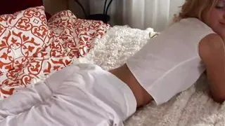 Blonde Beauty Emilia Fingers Her Pink Pussy Doggy Style!