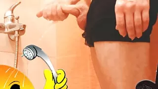 The guy washes in the shower and dances to the music