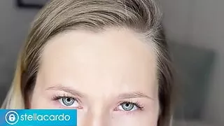 Stella Cardo in blue lingerie sucks a dildo and jumps on it