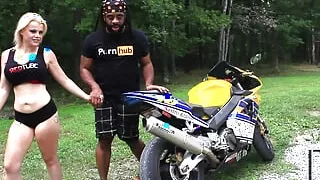 HD- Nadia White and Don Whoe rev it up on his Bike