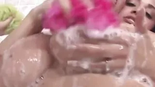 Busty Lesbian Babes Shower Together and Frisk Each Other All Over