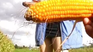 Stunning German lady stuffing a corn in her moist holes