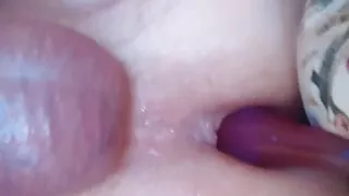 lying in bed and riding a dildo and caressing my asshole with my cock