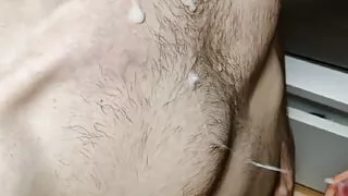 Tom cum on my hairy body on his knees