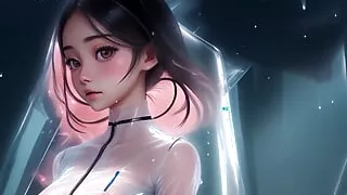 Cute topless Japanese girls under the rain