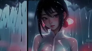 Cute Topless Japanese Girls Under the Rain