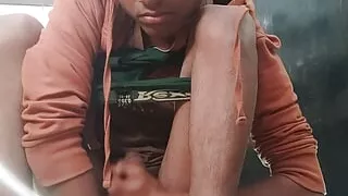 Boy masterbating in bathroom with underwear