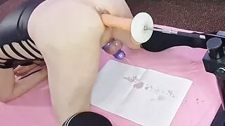 Mature DILF Mike Essex hands free chastity cage cum and pee squirt on the fucking machine