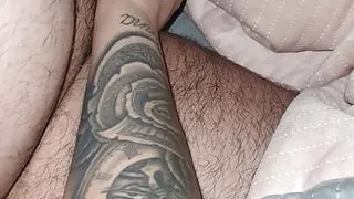 Step mom with sexy tattoo handjob step son dick in bed