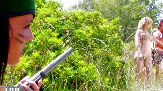 One lucky guy enjoying three crazy lesbians with strapon