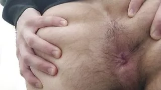 Amateur solo male jerking off in public bathroom. Ass flashing and cumshot into hands