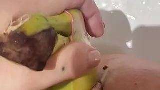 fat hairy pussy gets fucked with bananas