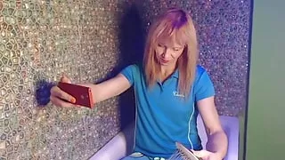 Tgirl soaking wet in blue polo shirt and pants in shower. Wetlook blue polo shirt and pants.