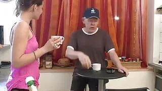 Petite brunette gets nailed by an old man