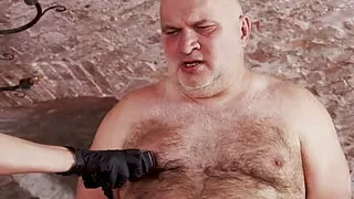 Fat Slave Guy Whipped by Lady in Black Latex