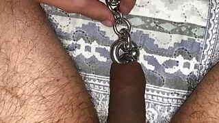 Chained pierced cock with long red toenails masturbation and tease