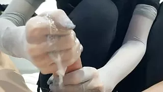 Ruined orgasm stocking gloves handjob