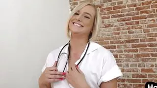Nurse with medium boobs tugging POV cock and talks dirty