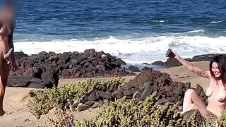 NUDIST BEACH BLOWJOB: I show my hard cock to a bitch that asks me for a blowjob and cum in her mouth.