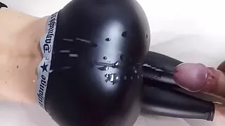Doggystyle and huge cumshot on leather leggings