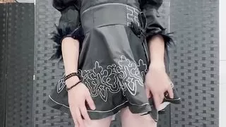 Asian sissy in Nier 2B cosplay dress and pantyhose