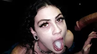 Small Tittied Inked Brunette Visits The Gloryhole