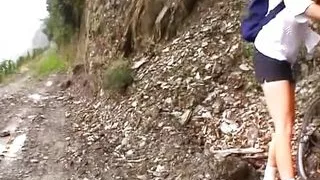 Horny German blonde masturbating on a mountain
