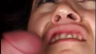 Gorgeous young brunette with belly ring and shaved cunt double teamed by studs