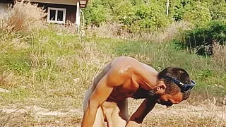 Wild masturbation in front of a house and super thick cum on a leaf