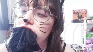 Kitty Stuffs Mouth with Panties and Cums