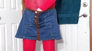 Gay Crossdresser masturbate and cum in red nylon bodystocking.