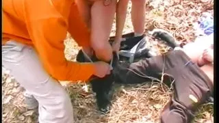 Hot babe in the woods getting her cunt waxed after sucking cocks then creamed