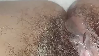 Wet orgasm pussy cum grool hairy cunt cumming with huge clitoris