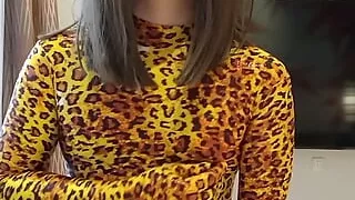 Japanese amateur crossdresses wearing leopard morphsuit masturbate