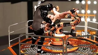 Fuck Machine & Crazy Sex. Male Android Plays with a Horny Girl in Restraints