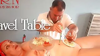 Naked Waitress. Restaurant Guest Eats From the Waitress's Navel. Full Video