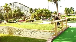 Meeting a sexy brunette on the golf course and fucking her tight pussy