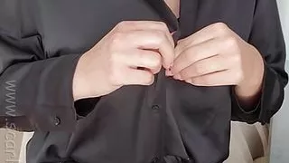 Naughty MILF Teacher in  leather skirt teases and masturbates in front of her student