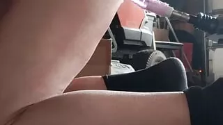 Machine stroking in my ass with nipple sucker vibrator on my tits