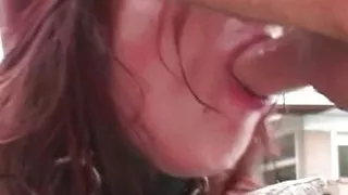 A Sweet Cuttie Redhead Being Wildly Pounded by Two Guys and Getting Cum in Mouth