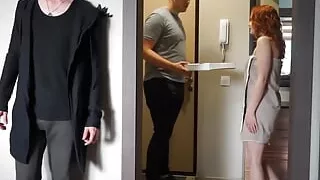 Young wife having sex with a pizza delivery guy while her husband watches