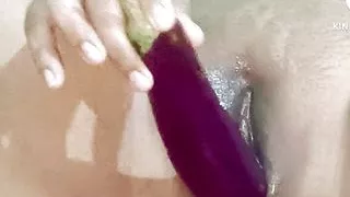 When sister-in-law couldn't find a penis, she inserted brinjal into her pussy.