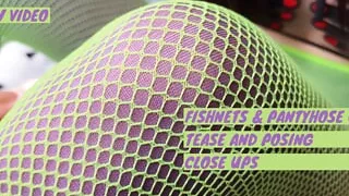 Green fishnets on purple tights trying on teaser