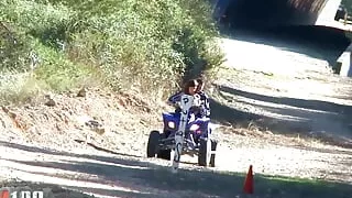 Kimy Blue and her huge natural boobs fucked in the ass on a quad