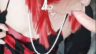 Sucking a dildo and jerking off with a vibrator